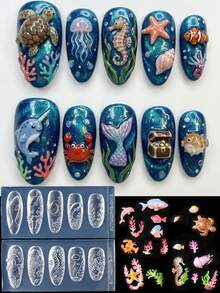 2件組海洋世界美甲雕刻矽膠模具 海洋生物魚類海馬海星珊瑚美甲模板 夏季水下美甲設計印花板 DIY美甲工具 - 無色 - 查看 10