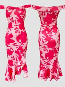 ChicMe Women's Leaf Print Cold Shoulder Mid-Length Fitted Mermaid Skirt, Ruffle Hem With Slit, Suitable For Party And Nightlife Wear - Pink - View 8