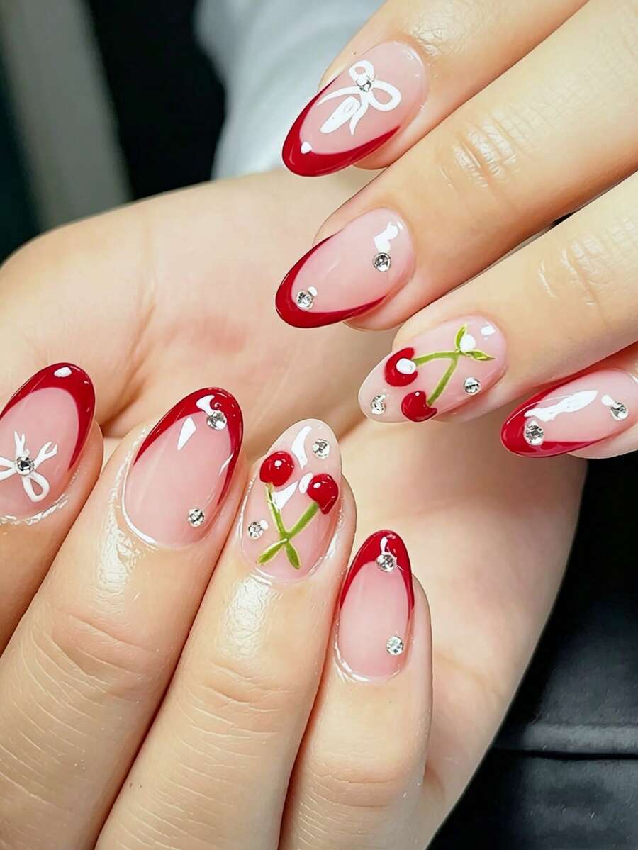 Kuku Tempel Bentuk Almond Sedang Gradien Merah Gaya Prancis, Desain Pita dan Bunga Ceri, Ujung Kuku Akrilik Mengkilap Motif Bunga Putih, Manikur Wanita Musim Semi/Panas, 24 buah/Paket - MultiWarna - View 1