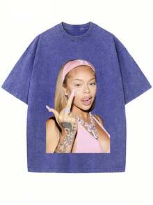 Women's Y2K Streetwear Oversized Cotton T-Shirt, Short Sleeve Round Neck Casual Top - 藍色 - 查看 1