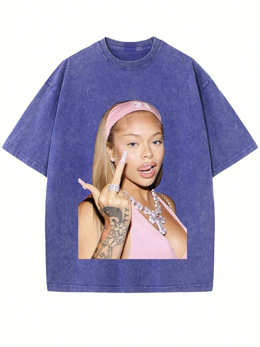 Women's Y2K Streetwear Oversized Cotton T-Shirt, Short Sleeve Round Neck Casual Top - 藍色 - 查看 1