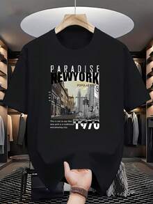Women's Round Neck T-Shirt, 100% Cotton, Fashionable Casual T-Shirt For Men, PARADISE NEW YORK Print, Off Shoulder, Short Sleeve, Comfortable And Versatile Men's Clothing. - 黑色 - 查看 1