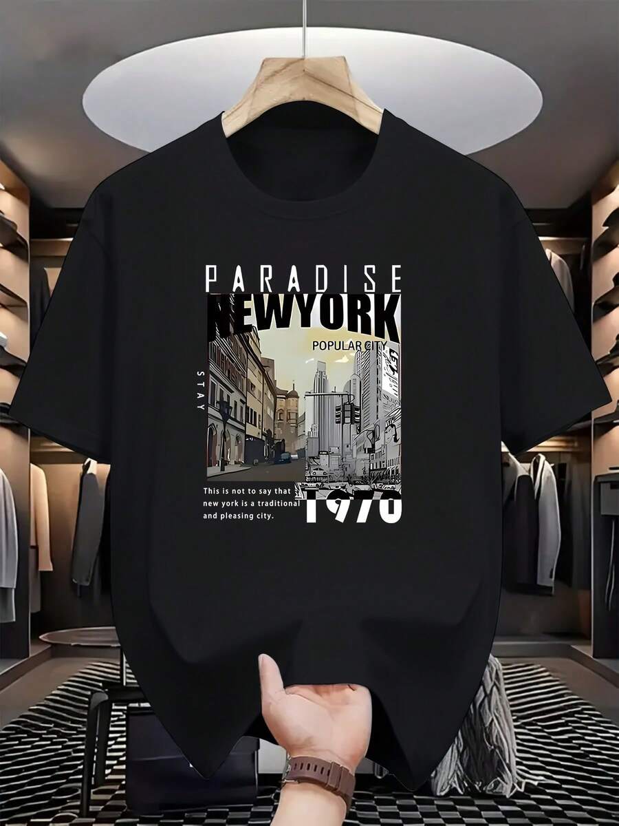 Women's Round Neck T-Shirt, 100% Cotton, Fashionable Casual T-Shirt For Men, PARADISE NEW YORK Print, Off Shoulder, Short Sleeve, Comfortable And Versatile Men's Clothing. - 黑色 - 查看 1