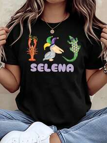 1 Casual Fashion T-Shirt For Men And Women, Mardi Gras Design With Lobster, Duck And Crocodile, Funny Casual T-Shirt For Women For Carnival Parties And Celebrations, 220g - 黑色 - 查看 1