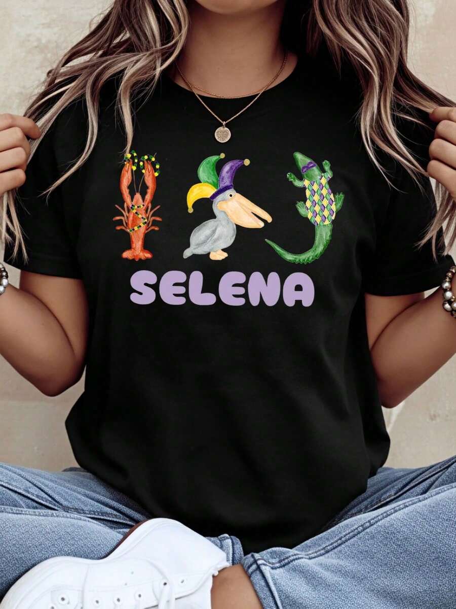 1 Casual Fashion T-Shirt For Men And Women, Mardi Gras Design With Lobster, Duck And Crocodile, Funny Casual T-Shirt For Women For Carnival Parties And Celebrations, 220g - 黑色 - 查看 1