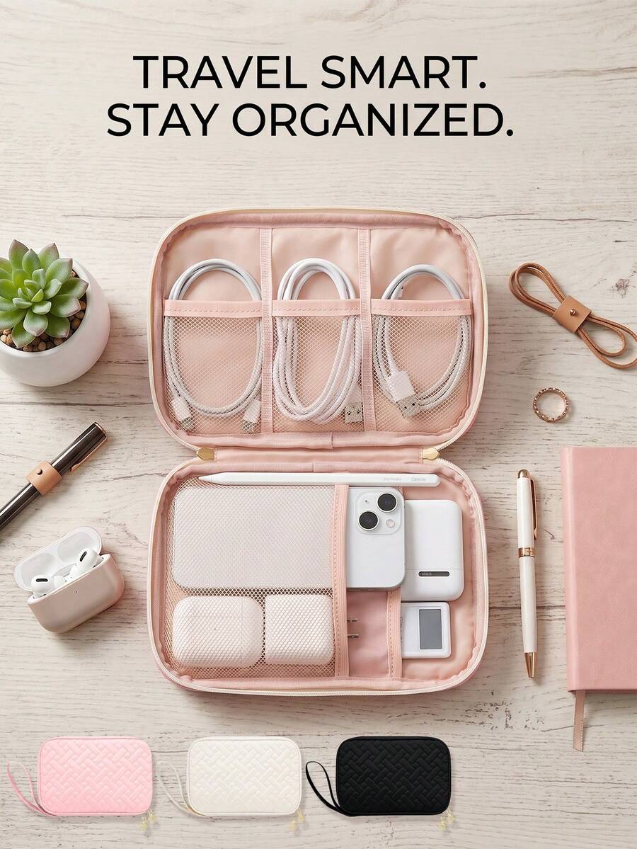 1pc Portable Electronic Storage Bag - Dual Zipper Design, Perfect For Organizing Data Cables, Chargers, Phones, Hard Drives, Power Banks And More - Foldable Closure, Essential Electronic Device Organizer For Daily Commute, Desktop Storage, Small Item Storage, Travel, Cable Management, Wire Organizer, Travel Essential - Multicolor - View 1