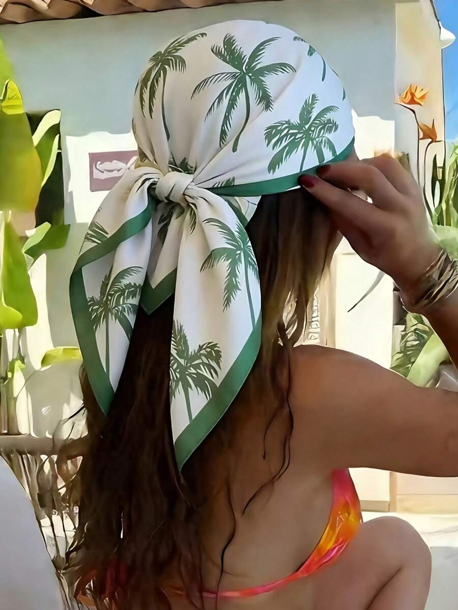 1pc Summer New Beach Style Palm Tree Women's Silk Scarf, Daily Outing, Travel Headscarf, Square Breathable Decorative Accessory - Green Palm Trees - View 1