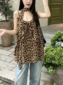 Women's Leopard Print Ruffle Strap Tank Top, Flared Hem, Woven Fabric, Regular Length, Fashionable Summer Style Casual Vacation - Rust Brown - View 3