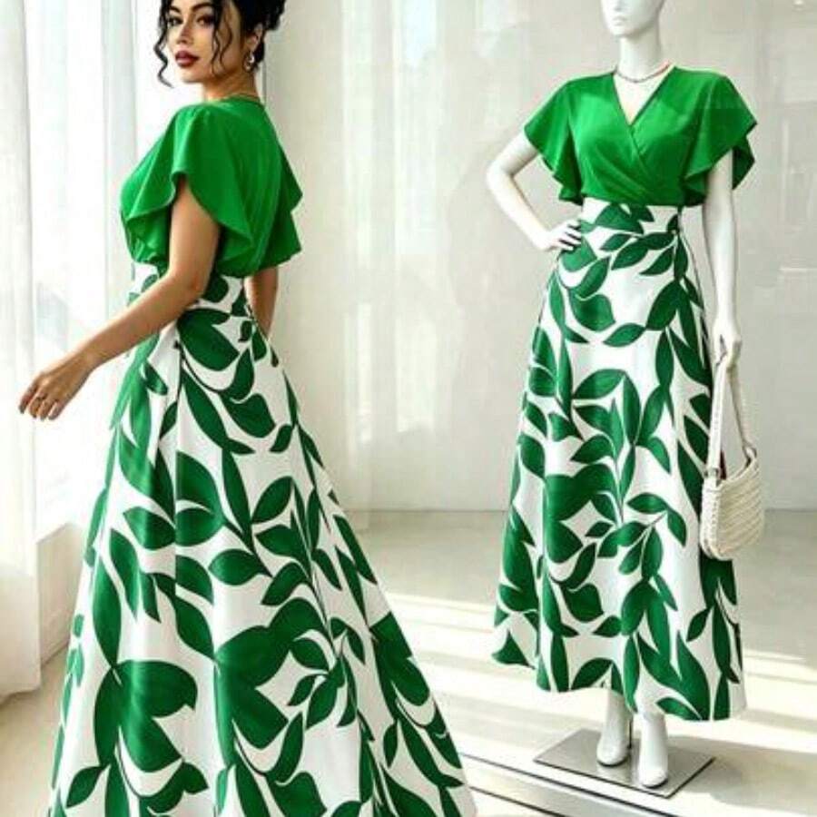 Vestido ajustado con volantes y mangas cortas elegante para mujer, color verde, adecuado para ir al trabajo en primavera/verano - Verde - Ver 1