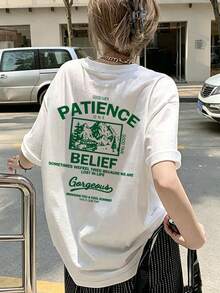 女款時尚休閒圓領寬鬆版型字母標語印花短袖T恤，春/夏白色 - 白色 - 查看 1
