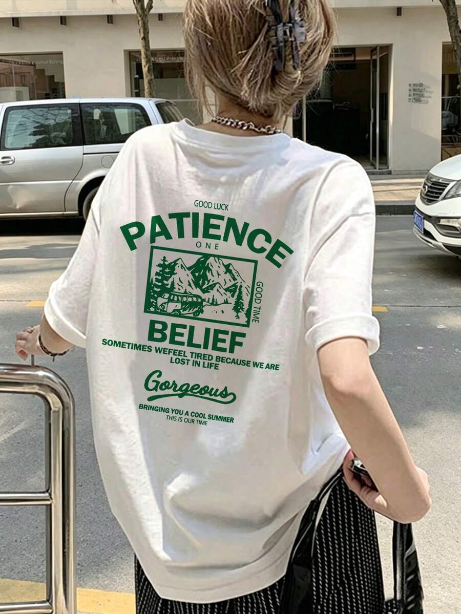 女款時尚休閒圓領寬鬆版型字母標語印花短袖T恤,春/夏白色 - 白色 - 查看 1