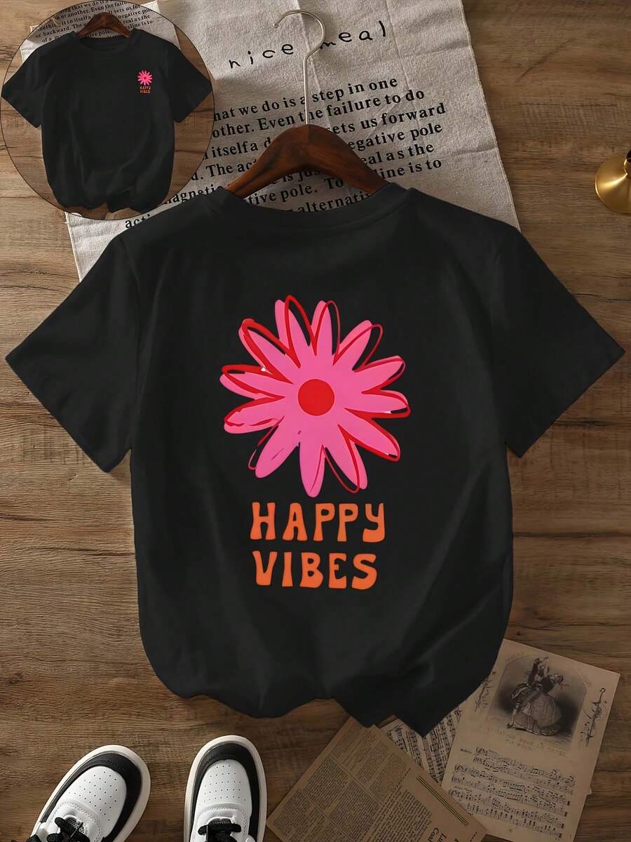 Camiseta con estampado gráfico Happy Vibes, Top casual de manga corta con cuello redondo, Adecuado para usar en primavera y verano, Ropa de mujer,playeras casuales de mujer - Negro - Ver 1