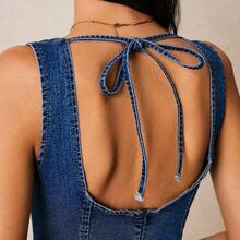 xuehuamaoyi02  Vestido de mezclilla casual de mujer sin mangas, cuello redondo, espalda descubierta y con lazo - Negro01 - Ver 3