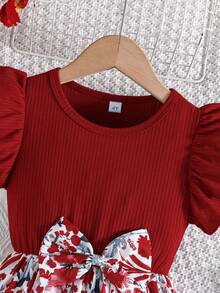 Đầm casual dễ thương tay bèo cổ tròn thắt nơ họa tiết hoa và rừng cho bé gái, thích hợp mặc ngoài trời. - Gỗ đỏ - Xem 4