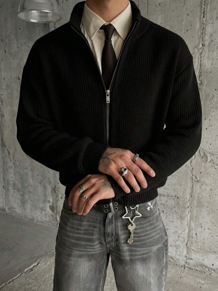 Áo len dệt kim nam GRDR vai thường, tay dài, cổ đứng, mở trước bằng xích đôi, mặc hàng ngày đa năng - màu đen - Xem 1