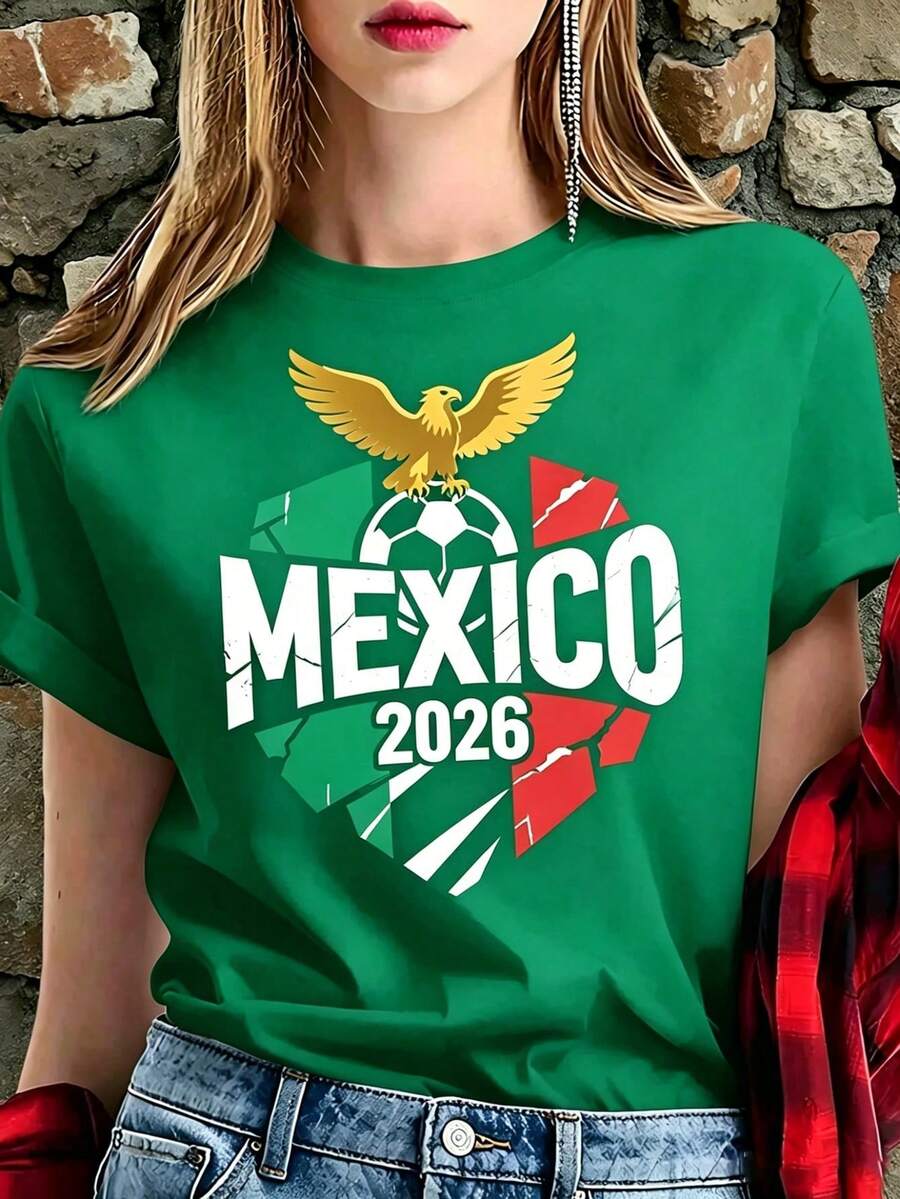 Women's White Mexico 2026 T-Shirt With Golden Eagle And Ball, Short Sleeve Aesthetic Soccer Fan Shirt, Retro Mexican Pride Modern Top, Fashionable Casual Blouse 2026 - 綠色 - 查看 1