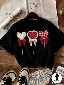 Camiseta con estampado de camisa casual para mujer, manga corta y cuello redondo, moda urbana local de primavera/verano. - Negro - Ver 1