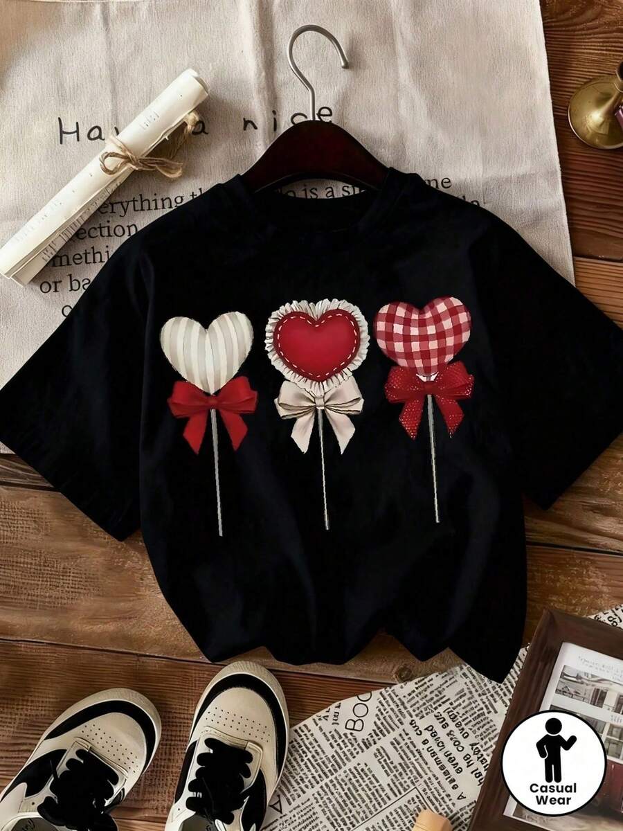 Camiseta con estampado de camisa casual para mujer, manga corta y cuello redondo, moda urbana local de primavera/verano. - Negro - Ver 1