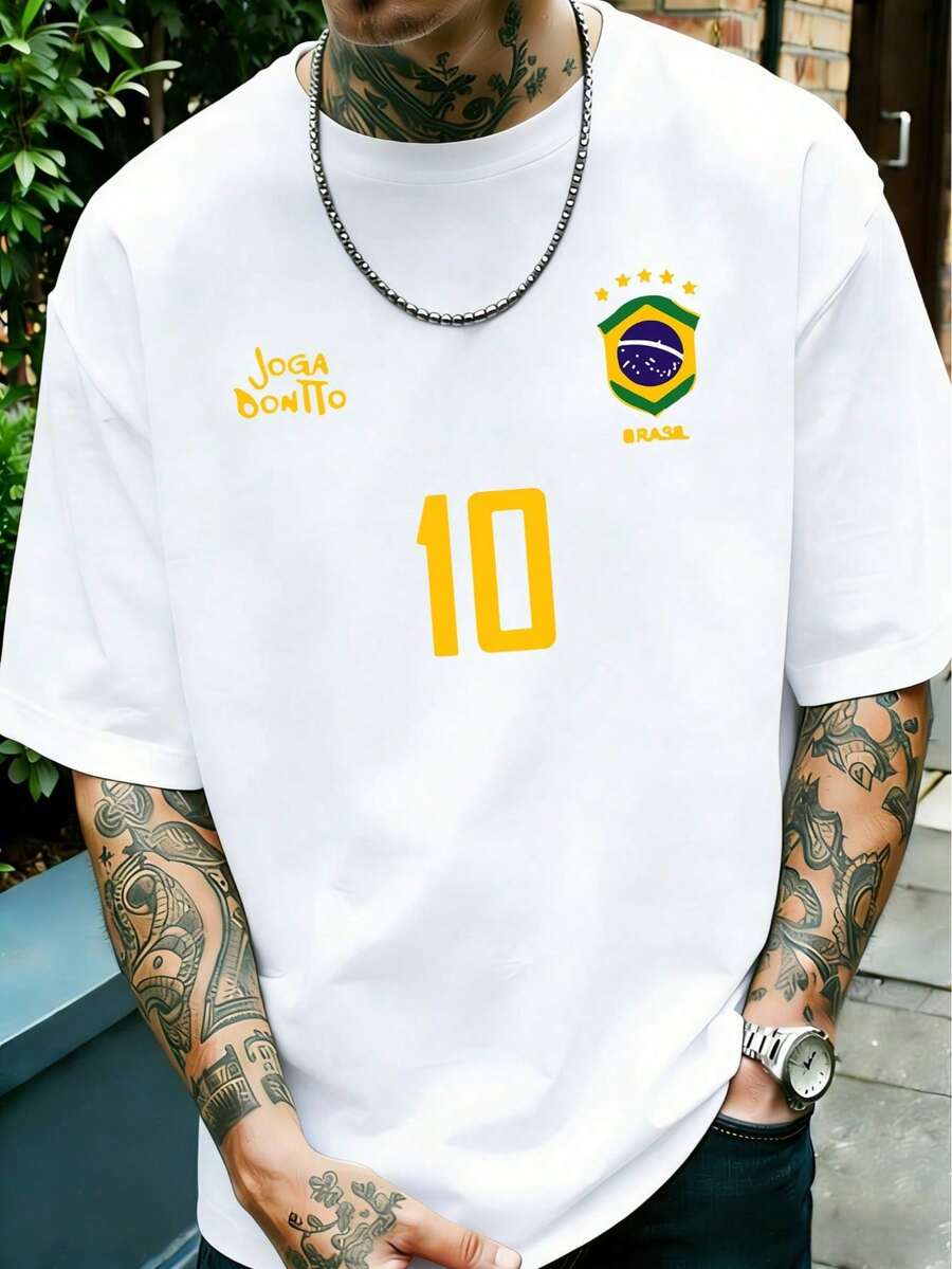 Men's Graphic T-Shirt, Retro Brazil Football Jersey - Legendary Number 10, Casual Football Fan Outfit, Soccer Jersey, 100% Polyester Breathable Knit Fabric - 灰色 - 查看 1