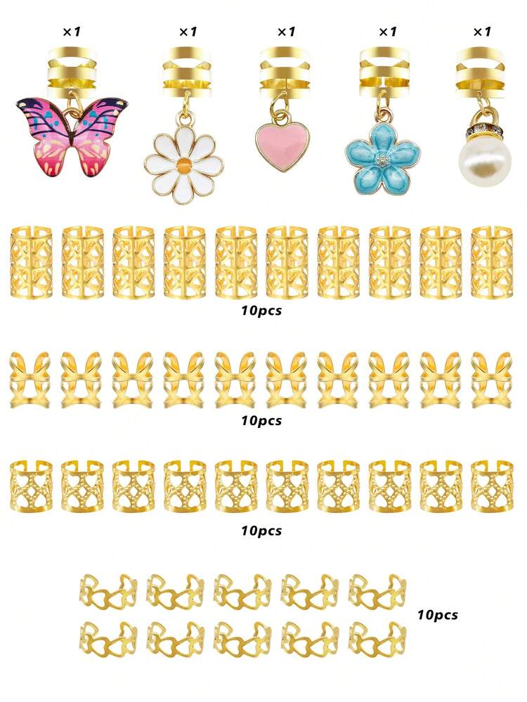 45pcs Flower-Shaped Wavy Hair Rings With Colorful Butterflies And Camellias, Multi-Shape Adjustable Romantic Garden Style Women's Dreadlock Accessories,Hair Claws - Gold - View 2