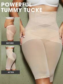 1pc Plus Size Women's Shaping Panties, Abdominal Compression, Waist Shaping, Butt Lifting, Double Layer Cross Design, Hollow Mesh Lingerie For Women, Halloween - Apricot - View 1