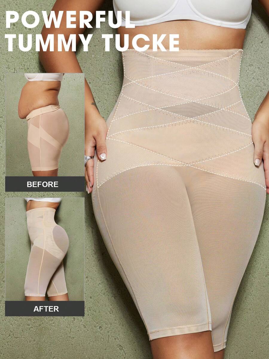 1pc Plus Size Women's Shaping Panties, Abdominal Compression, Waist Shaping, Butt Lifting, Double Layer Cross Design, Hollow Mesh Lingerie For Women, Halloween - Apricot - View 1