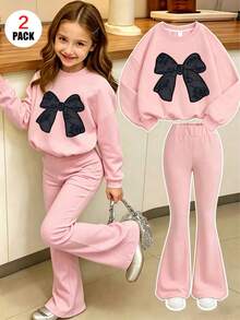 Teen Girls 2 Pieces Set, Bow Print Crew Neck Sweatshirt And Long Pants, New Fashion Casual, Suitable For Travel - Pink - View 1