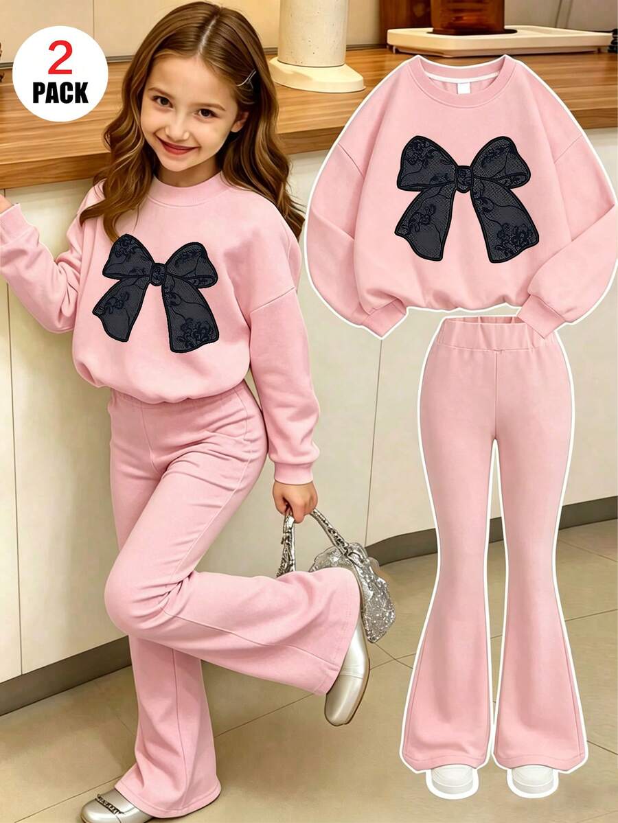 Teen Girls 2 Pieces Set, Bow Print Crew Neck Sweatshirt And Long Pants, New Fashion Casual, Suitable For Travel - Pink - View 1