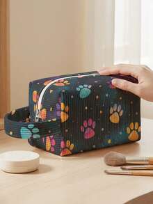 1pc Dog Paw Prints Print Corduroy Pouch With Handle ,Makeup & Toiletry Bag, Zipper Closure. Foldable, Durable, Multi-Use For Travel, Daily & Students - Multicolor - View 12