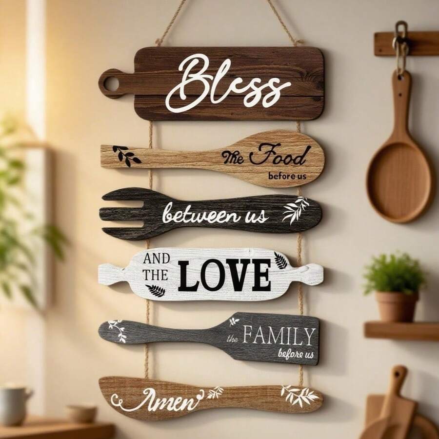 5Pcs Kitchen Wall Decor, Bless The Food Cookware Shaped Hanging Signs For Farmhouse Kitchen Rustic Wooden Plaques For Country Dinning Room - 1PC - 查看 1