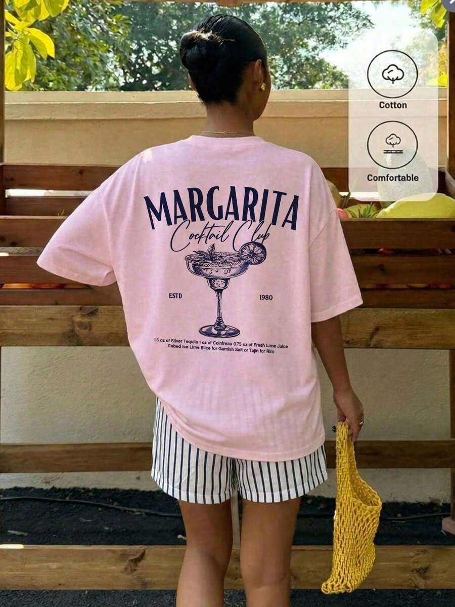 Women's Oversized T-Shirt With Pink And Red Striped Slogan Print, Casual Summer Holiday Style, Loose Fit, Round Neck, Short Sleeve, Comfortable - 嬰兒粉 2 - 查看 1