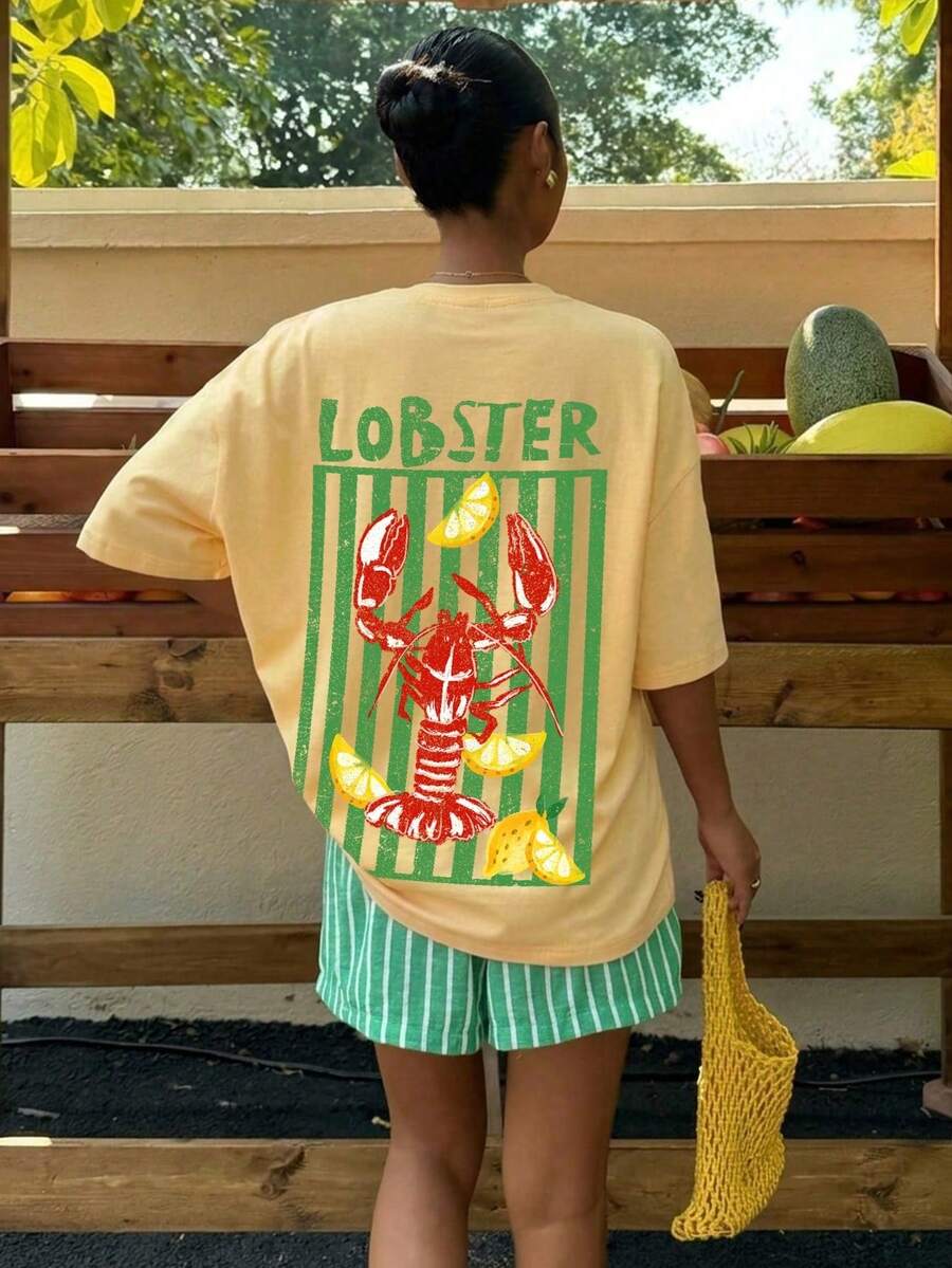 Women's Oversized T-Shirt With Pink And Red Striped Slogan Print, Casual Summer Holiday Style, Loose Fit, Round Neck, Short Sleeve, Comfortable - 淡黃色 - 查看 1