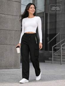 1pc Women's Outdoor Casual Sports Pants, Multi-Pocket Cargo Long Pants, Thin Casual Pants, Women's Straight Leg Cargo Pants, Zipper Pockets Black - Black - View 8