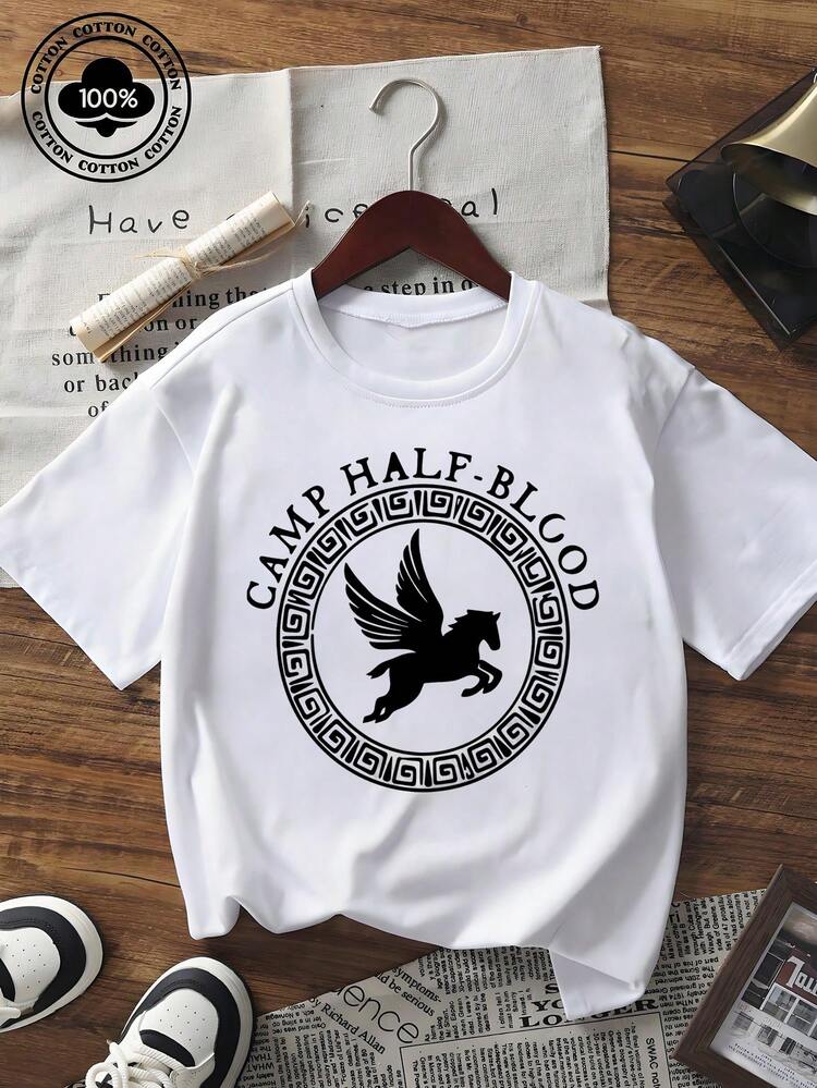 Unisex Casual Summer Short Sleeve Graphic T-Shirt Camp Half-Blood Print Greek Pattern Round Neck Tee - White - View 6