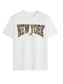 Camiseta con logo universitario retro de estampado de leopardo de Nueva York, estética Y2K informal de manga corta, estilo urbano callejero - Negro - Ver 1