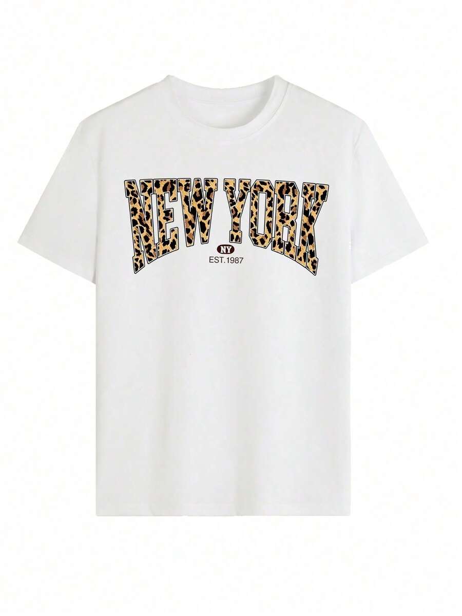 Camiseta con logo universitario retro de estampado de leopardo de Nueva York, estética Y2K informal de manga corta, estilo urbano callejero - Negro - Ver 1