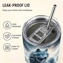 1 Pc 20oz Stainless Steel Tumbler/Travel Cup , Frozen Wolf Forest Design Tumbler Wrap For Wolf Lovers, Adults, And Winter Holiday Gifting, Featuring A Mystical Icy Wolf In A Snowy Woodland Scene. - Nhiều màu - Xem 4