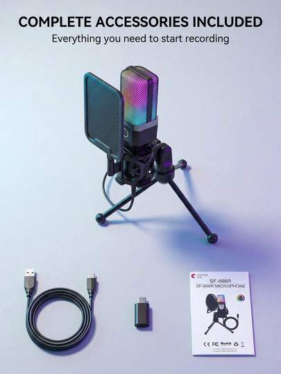 Yanmai USB 電競麥克風，RGB 電容式麥克風，一鍵靜音、降噪、3.5mm 監聽接口、即插即用，適用於手機、直播、播客、遊戲錄音