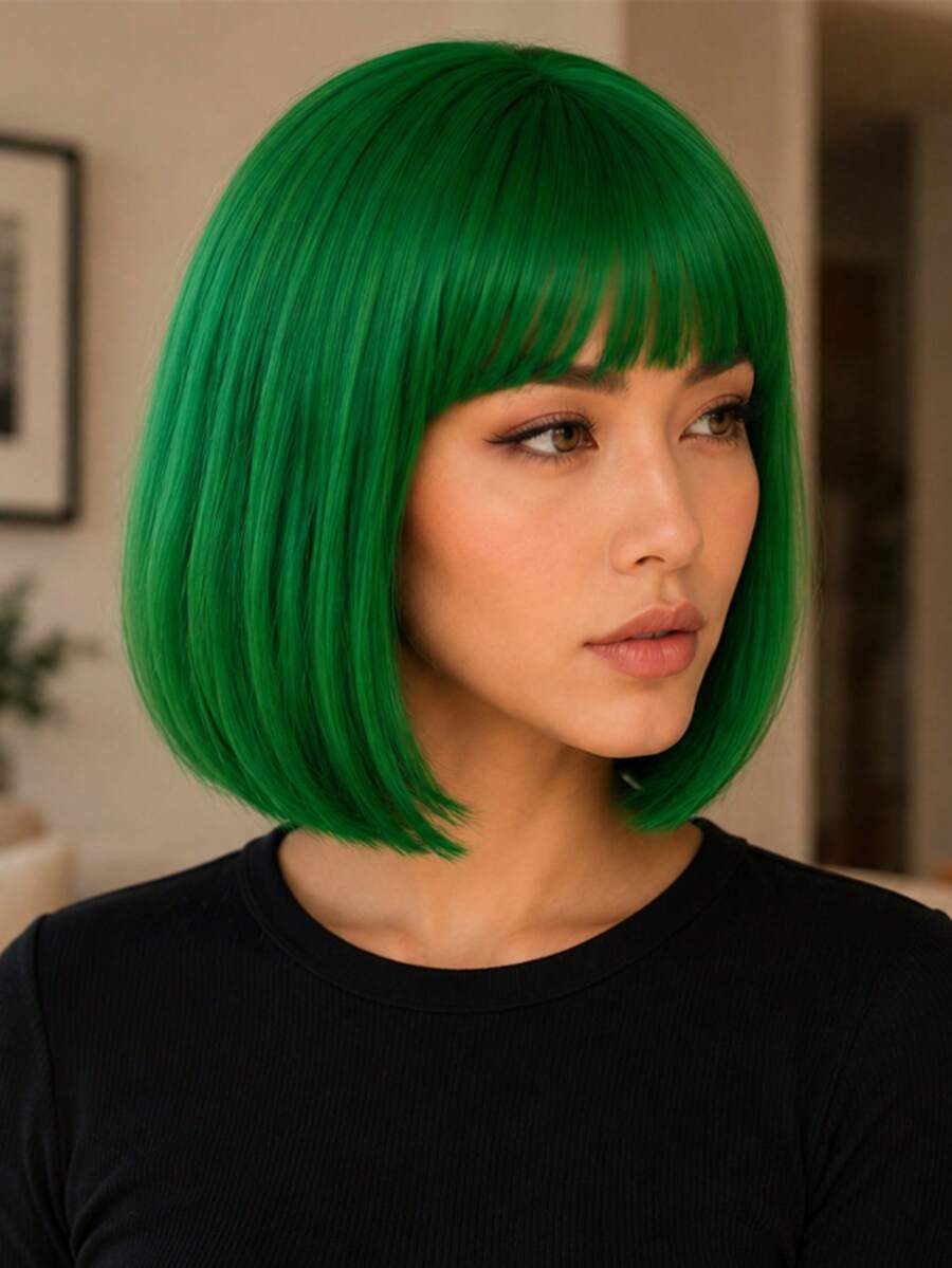 Green 12 Inch Bangs Wig, High Temperature Resistant Synthetic, High Density Comfortable Breathable, Lively Styling, Suitable For All Women Daily Commute And Party Styling - Green - View 1