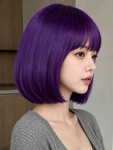 12 Inch Deep Purple Bobo Straight Hair Wig With Bangs, High Temperature Synthetic, Soft And Smooth, Versatile Design, Suitable For Daily Wear, Music Festivals And Cosplay For All Women,Halloween - Dark Purple - View 2