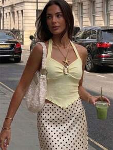 Women's Halter Neck Backless Tank Top, Asymmetrical Hem Polyester Vest For Summer Outfits - Yellow - View 4