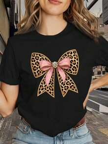 Una camia de mujer de manga corta, holgada y de estilo retro, moderna y a la moda, adecuada para actividades al aire libre en primavera y verano, cómoda y elegante, con un diseño de lazo con - Negro - Ver 1