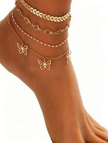 5pcs European And American Style Hollow Butterfly Pendant Anklet Set, Fashionable Minimalist Chain Anklet, Hawaiian Beach Chain - Gold 4-piece Butterfly Anklet - View 2