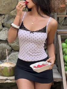 ENGU CO. Summer Gentle Pink Polka Dot Lace Thin Strap Camisole Girl Style Black Bow Slim Fit Flattering Inner Layer Cropped Top - Baby Pink - View 6