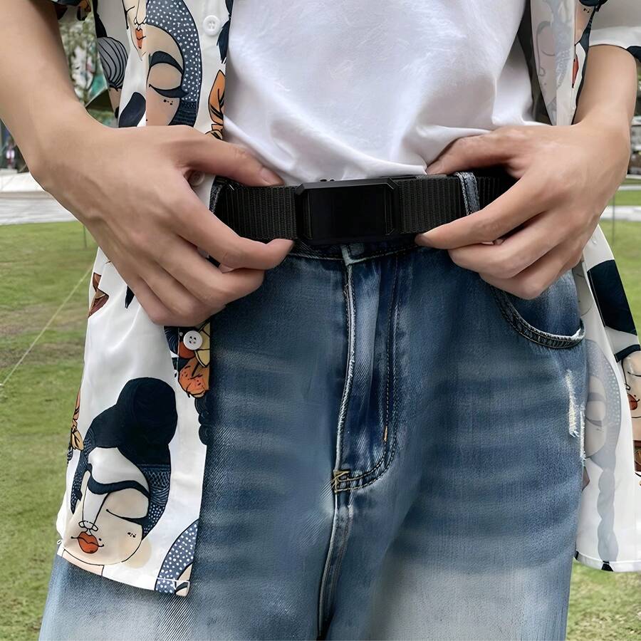 光滑扣環腰帶,男士百搭帆布腰帶,休閒百搭彈性無孔腰帶 - A - 查看 1