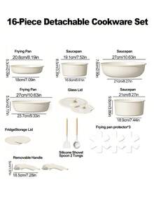 16-piece non-stick ceramic cooking set with detachable handles, integrated design suitable for frying, stir-frying, stewing and slow-cooking, with a maximum temperature of 480°F, compatible with induction cooktops, ready to use immediately, stackable cookware and plates can save space, and equipped with utensils, easy to clean, lids and pot pads. - Übersicht 2