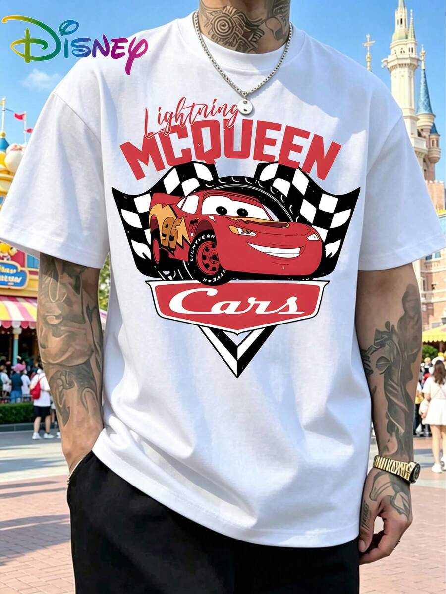 Disney Cars Lightning McQueen 95 Racing Flag Print T-Shirt, Unisex Casual Loose Cotton Crew Neck Tee, White - 白色 - 查看 1