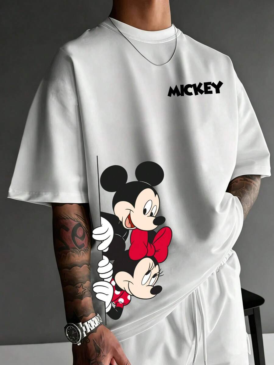 Disney 男士休闲米奇印花T恤，常规版型圆领家居服上衣，夏季 - 白色 - 查看 1