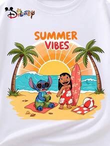 Disney Officially Licensed Lilo & Stitch Summer Casual Loose-Fitting T-Shirt, Vacation Style, Suitable For Casual Outings And Everyday Wear, Unisex. - 白色 - 查看 4