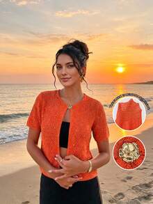 Maglietta a maniche corte da donna Elestia, collo tondo arancione, mezza chiusura lampo, bottoni in metallo con paillettes, stile casual minimalista adatta per resort, spiaggia e feste, primavera/estate - Arancia Bruciata - Visualizzare 2